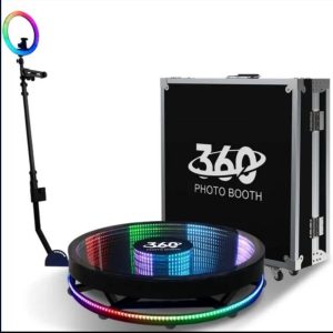 360 Photo Booth with Glass Platform – RGB LED, APP Remote, Auto Spin | Party & Wedding
